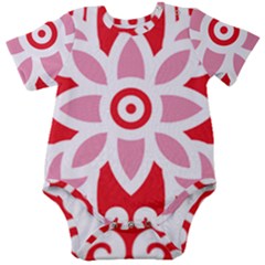 A Red And White Pattern With A Flower On It Baby Short Sleeve Bodysuit