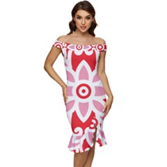 A Red And White Pattern With A Flower On It Off Shoulder Ruffle Split Hem Bodycon Dress