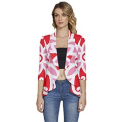 A Red And White Pattern With A Flower On It Women s 3/4 Sleeve Ruffle Edge Open Front Jacket