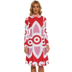 A Red And White Pattern With A Flower On It Long Sleeve Shirt Collar A-line Dress