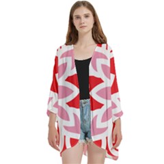 A Red And White Pattern With A Flower On It Open Front 3/4 Sleeve Batwing Chiffon Cardigan Kimono