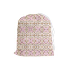 A Pink And White Flower Pattern On A Brown Background Drawstring Pouch (large)