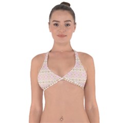 A Pink And White Flower Pattern On A Brown Background Halter Neck Bikini Top