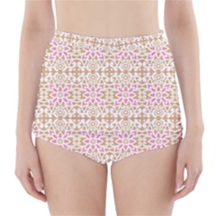 A Pink And White Flower Pattern On A Brown Background High-waisted Bikini Bottoms