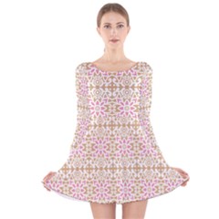 A Pink And White Flower Pattern On A Brown Background Long Sleeve Velvet Skater Dress