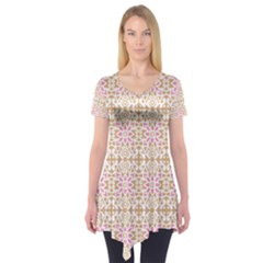 A Pink And White Flower Pattern On A Brown Background Short Sleeve Tunic 