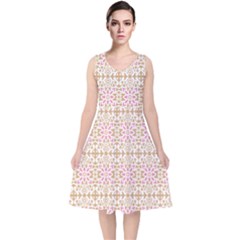 A Pink And White Flower Pattern On A Brown Background V-neck Midi Sleeveless Dress 