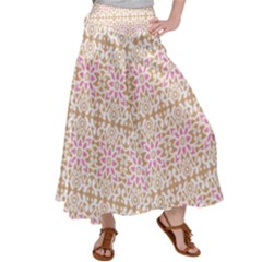 A Pink And White Flower Pattern On A Brown Background Women s Satin Palazzo Pants by catchydesignhill