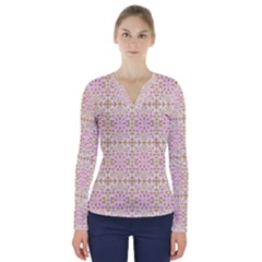 A Pink And White Flower Pattern On A Brown Background V-neck Long Sleeve Top