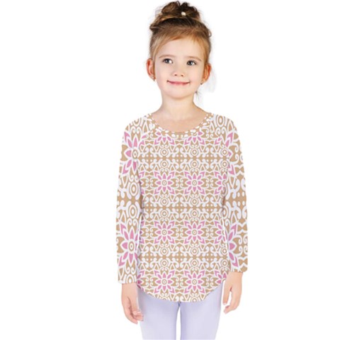 A Pink And White Flower Pattern On A Brown Background Kids  Long Sleeve T-shirt by catchydesignhill