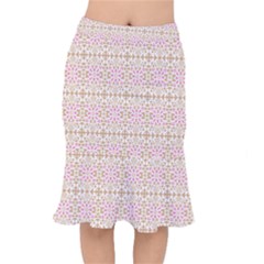 A Pink And White Flower Pattern On A Brown Background Short Mermaid Skirt