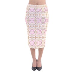 A Pink And White Flower Pattern On A Brown Background Velvet Midi Pencil Skirt