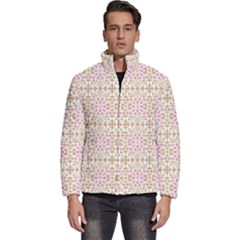 A Pink And White Flower Pattern On A Brown Background Men s Puffer Bubble Jacket Coat