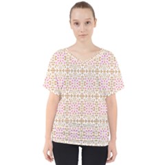 A Pink And White Flower Pattern On A Brown Background V-neck Dolman Drape Top