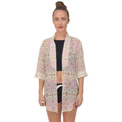 A Pink And White Flower Pattern On A Brown Background Open Front Chiffon Kimono