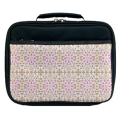 A Pink And White Flower Pattern On A Brown Background Lunch Bag