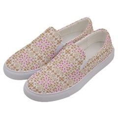 A Pink And White Flower Pattern On A Brown Background Men s Canvas Slip Ons