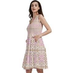 A Pink And White Flower Pattern On A Brown Background Sleeveless V-neck Skater Dress With Pockets