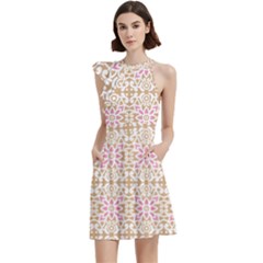 A Pink And White Flower Pattern On A Brown Background Cocktail Party Halter Sleeveless Dress With Pockets