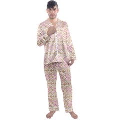 A Pink And White Flower Pattern On A Brown Background Men s Long Sleeve Satin Pajamas Set