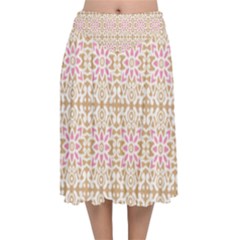 A Pink And White Flower Pattern On A Brown Background Velvet Flared Midi Skirt by catchydesignhill