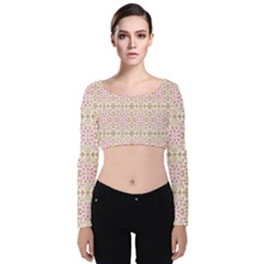 A Pink And White Flower Pattern On A Brown Background Velvet Long Sleeve Crop Top