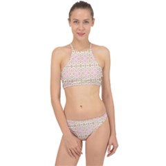 A Pink And White Flower Pattern On A Brown Background Halter Bikini Set