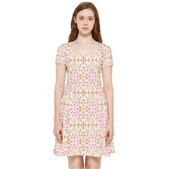 A Pink And White Flower Pattern On A Brown Background Inside Out Cap Sleeve Dress