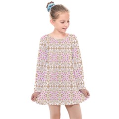 A Pink And White Flower Pattern On A Brown Background Kids  Long Sleeve Dress