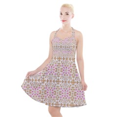 A Pink And White Flower Pattern On A Brown Background Halter Party Swing Dress 