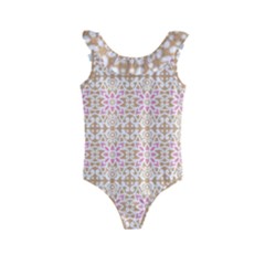 A Pink And White Flower Pattern On A Brown Background Kids  Frill Swimsuit