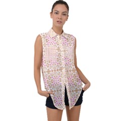 A Pink And White Flower Pattern On A Brown Background Sleeveless Chiffon Button Shirt