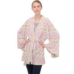 A Pink And White Flower Pattern On A Brown Background Long Sleeve Velvet Kimono 