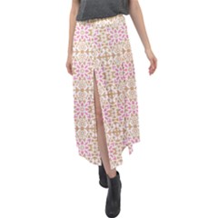 A Pink And White Flower Pattern On A Brown Background Velour Split Maxi Skirt