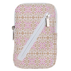 A Pink And White Flower Pattern On A Brown Background Belt Pouch Bag (small)