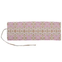 A Pink And White Flower Pattern On A Brown Background Roll Up Canvas Pencil Holder (m)