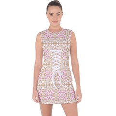 A Pink And White Flower Pattern On A Brown Background Lace Up Front Bodycon Dress