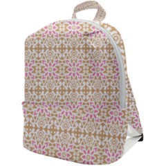 A Pink And White Flower Pattern On A Brown Background Zip Up Backpack