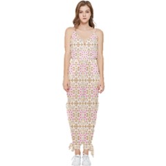 A Pink And White Flower Pattern On A Brown Background Sleeveless Tie Ankle Chiffon Jumpsuit