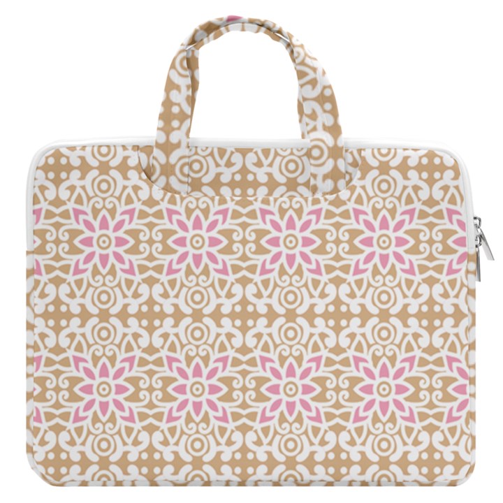 A Pink And White Flower Pattern On A Brown Background MacBook Pro 13  Double Pocket Laptop Bag