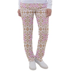 A Pink And White Flower Pattern On A Brown Background Women s Casual Pants by catchydesignhill