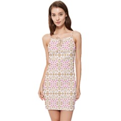 A Pink And White Flower Pattern On A Brown Background Summer Tie Front Dress