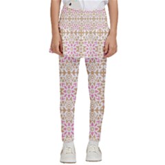 A Pink And White Flower Pattern On A Brown Background Kids  Skirted Pants