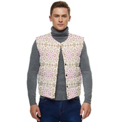 A Pink And White Flower Pattern On A Brown Background Men s Button Up Puffer Vest	