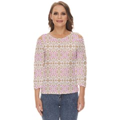 A Pink And White Flower Pattern On A Brown Background Cut Out Wide Sleeve Top