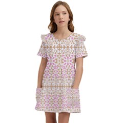 A Pink And White Flower Pattern On A Brown Background Kids  Frilly Sleeves Pocket Dress