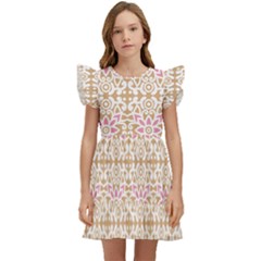 A Pink And White Flower Pattern On A Brown Background Kids  Winged Sleeve Dress