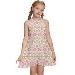 A Pink And White Flower Pattern On A Brown Background Kids  Halter Collar Waist Tie Chiffon Dress