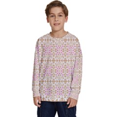 A Pink And White Flower Pattern On A Brown Background Kids  Crewneck Sweatshirt