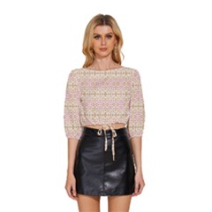 A Pink And White Flower Pattern On A Brown Background Mid Sleeve Drawstring Hem Top